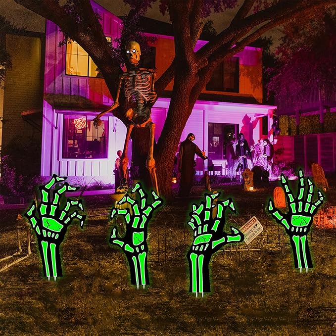 4 Pack Halloween Yard Decorations Skeleton Hands Glow in Dark, 15”x8” Outdoor Waterproof Light-Up Props for Scary Graveyard, Garden Pathway, Party, Haunted Porch Displays, Indoor