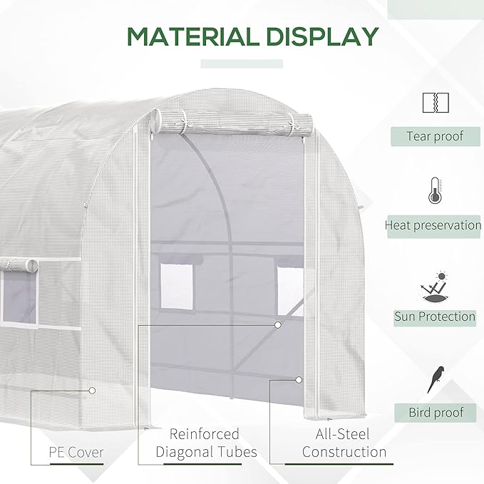 Outsunny 15' x 7' x 7' Walk-in Tunnel Greenhouse, Large Heavy Duty Garden Hot Green House Kit with 6 Roll-up Windows & Roll Up Door, Steel Frame for Garden Plants, White