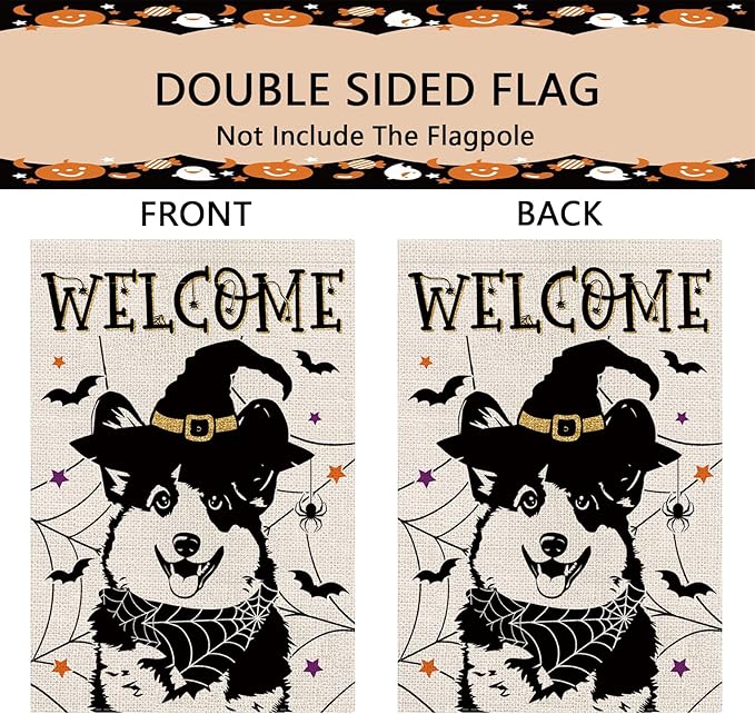 Halloween Garden Flag Corgi Cobweb Bats Double Sided Vertical Welcome Flag Holiday Outdoor Yard Lawn Decorations 12.5 x 18 Inch