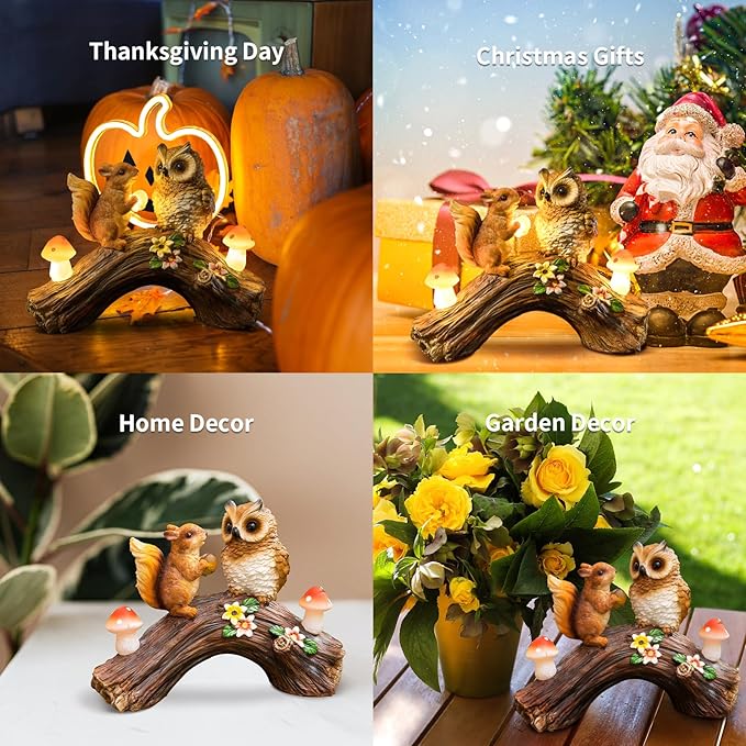 Solar Owl Garden Statues Outdoor Decor Resin Owl Squirrel Figurine with Mushroom Lights for Patio Lawn Yard Decorations Halloween Christmas Housewarming Gardening Gifts for Women Mom