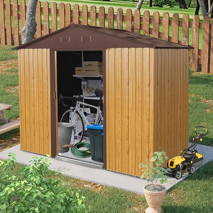 Outdoor Storage Shed, 8x4ft Metal Storage Shed with Vents and Metal Foundation, Lockable Sliding Door, All Weather Tilted Roof Tool Shed for Backyard, Patio, Lawn, Coffee