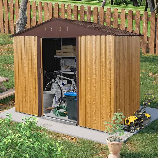Outdoor Storage Shed, 8x4ft Metal Storage Shed with Vents and Metal Foundation, Lockable Sliding Door, All Weather Tilted Roof Tool Shed for Backyard, Patio, Lawn, Coffee