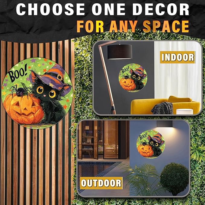 PEACHGARDEN Halloween Black Cat Round Metal Tin Sign Vintage Boo Decor Pumpkin Retro Wall Art Plaque Iron Painting 8x8inch