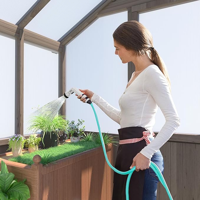 8x8 FT Greenhouse Kit for Outdoor, 6MM Thick Polycarbonate Panel Wooden Walk-in Green House with Lockable Door and Adjustable Roof Vent, Backyard Garden, Light Mocha Brown