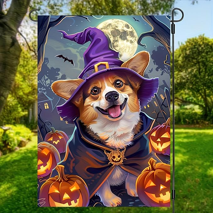 Halloween Decorations Outdoor Garden Flag 12x18 Inch Double Sided Corgi Dog Witch Hat Pumpkin Fall Decor Yard Lawn Porch Patio Halloween Garden Flags