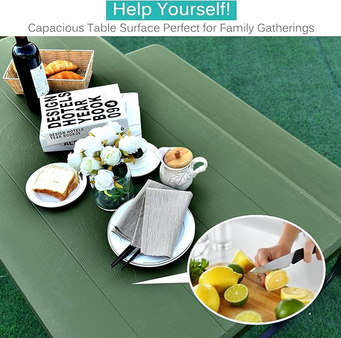 Moccha Picnic Table Bench Set - Portable Plastic Picnic Table w/Steel Frame & Wood-Like Texture, All Weather Heavy Duty Picnic Table Kit, Picnic Tables for Outdoors Garden Patio Party Dining (Green)