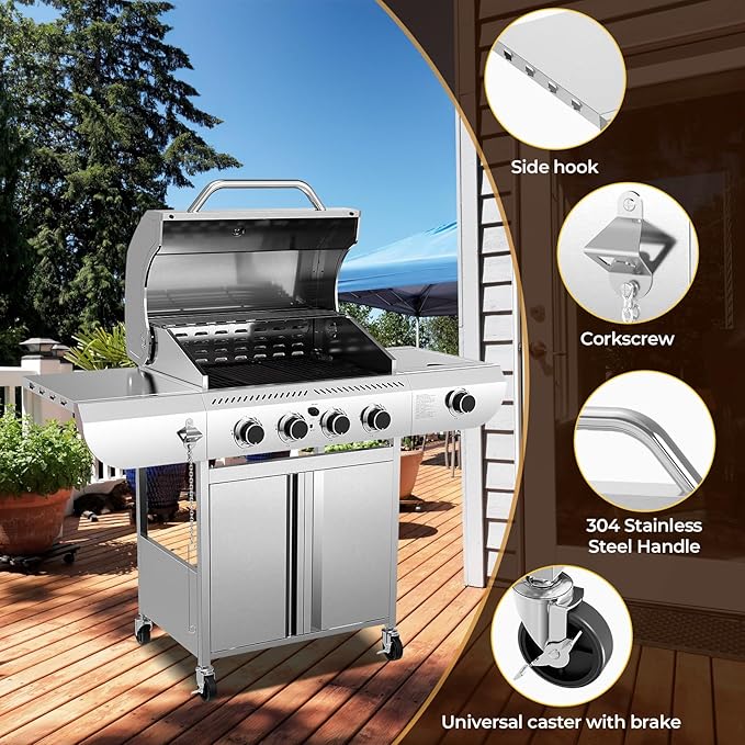 R.W.FLAME 4-Burner Gas Grill with Side Burner, Stainless Steel Propane Grill 42000BTU for Outdoor Cooking, with Porcelain-Enameled Cast Iron Grates, Baking Pan, Silver