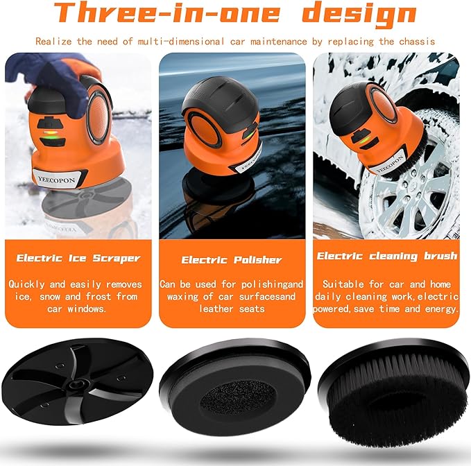 3-in-1 Electric Ice Scraper for Cars & Home – Cordless Handheld Defroster, Cleaner & Polisher, 500 RPM Motor, 2000mAh Battery, Type-C Charging, Lightweight & Portable