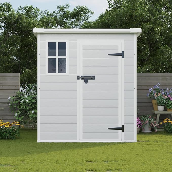6x6 FT Storage Shed,Garden House with Lockable Doors and Vents,Waterproof Resin Outdoor Tool Cabinet W/Floor & Window,for Bicycles,Lawnmowers,Lawn,All Weather Use,Light Gray