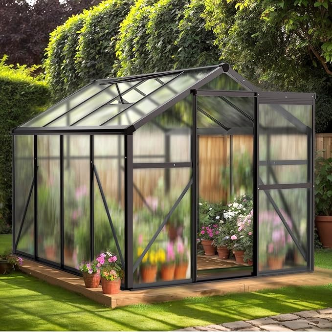 6x8 FT Greenhouse for Outdoors, Heavy Duty Polycarbonate Panels with 5 Roof Vents, Aluminum Large Walk-in Greenhouse for Outside Garden Backyard, Easy Setup, Black