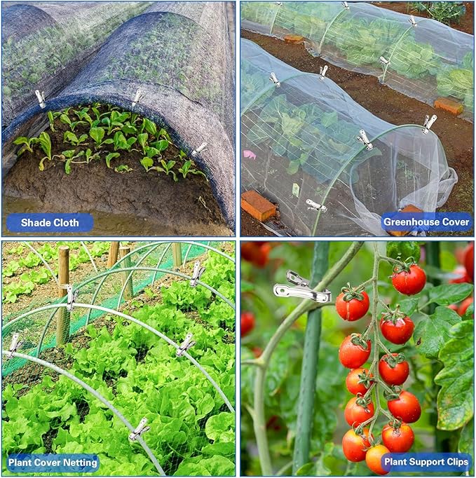 JULMELON Garden Clips, 55 PCS Stainless Steel Greenhouse Clamps Heavy Duty Greenhouse Clips Hoops with Large Open Strong Grip for Shade Cloth or Plant Cover Netting