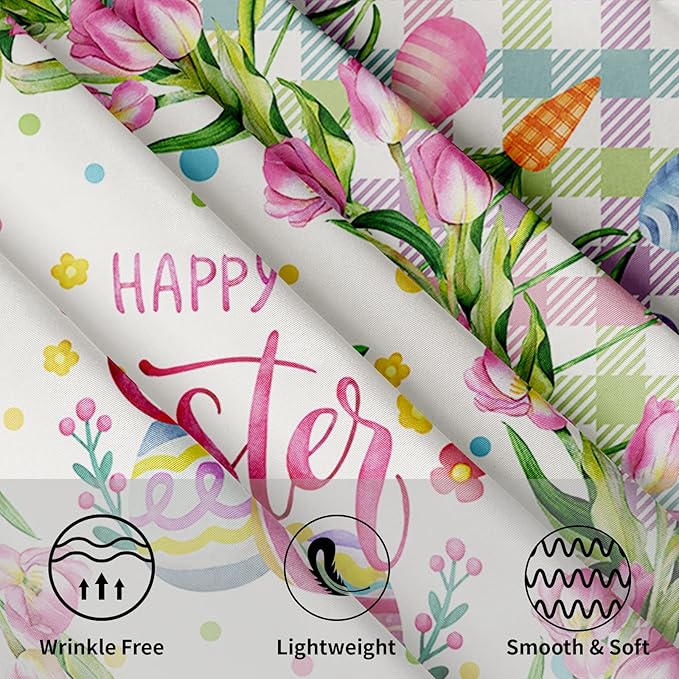 Giwawa Happy Easter Round Tablecloth 60inch -Watercolor Spring Flower Tulips Plaid Polyester Table Covers, Washable Indoor Table Cloths Holiday Decor for Farmhouse Kitchen Backyard BBQ Party