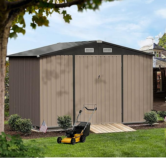 Aoxun 10 x 8FT Outdoor Storage Shed with Double Hinged Large Door Utility Garden Shed with Lockable Door & Sloped Roof Metal Sheds Outdoor Storage for Garden, Backyard, Patio and Backyard, Brown