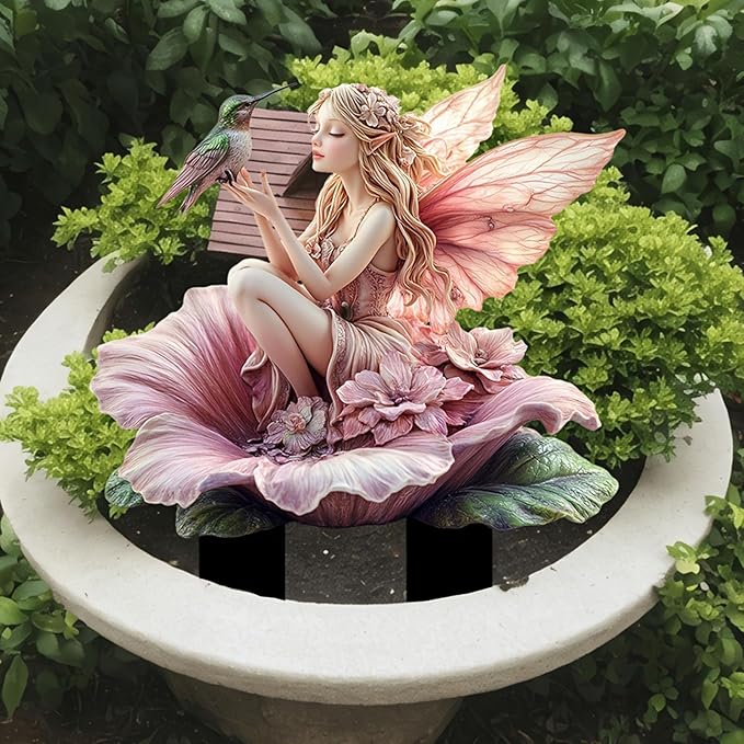 Fairy Garden Stake Decor, 2D Flat Acrylic Fairy Garden Decor Panel, Elf Yard Sign for Outdoor Indoor Yard Lawn Plants Pots, Fairy Garden Accessories (Flowers Fairy and Hummingbird)