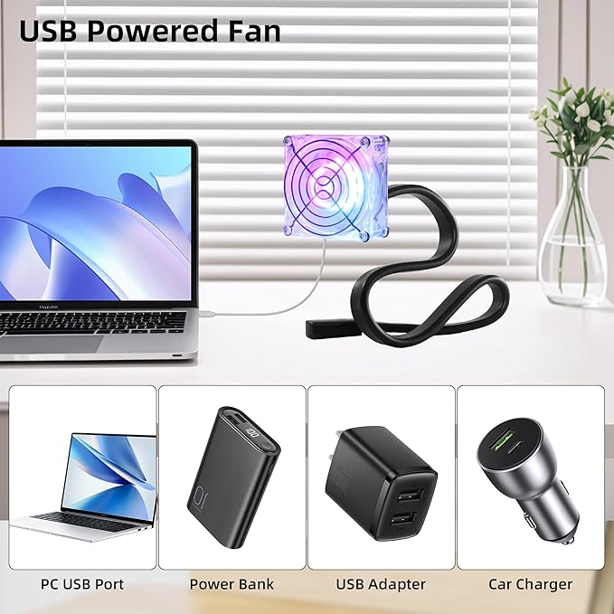 3.15" 80mm Adjustable Gooseneck Mini Fan Low Noise 5V USB Vent Cooling Fan with LED Light for Small Plants Electronics Mic Arm Compact Ventilation