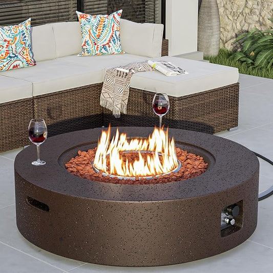 SUNBURY 42in Round Propane Outdoor Fire Pit, Gas Patio Fire Table 50,000 BTU Concrete Travertine Design, CSA Certified, Circular Base Firepit with Lava Rocks, Waterproof Cover (Brown)