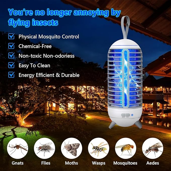 Bug Zapper Outdoor Rechargeable 2 in 1 Wireless Mosquito Killer Lamp 2500mAh Electric Trap Ideal Bug Zapper Indoor for Patio, Home, Backyard, Yard, Garden, Campsite (White)