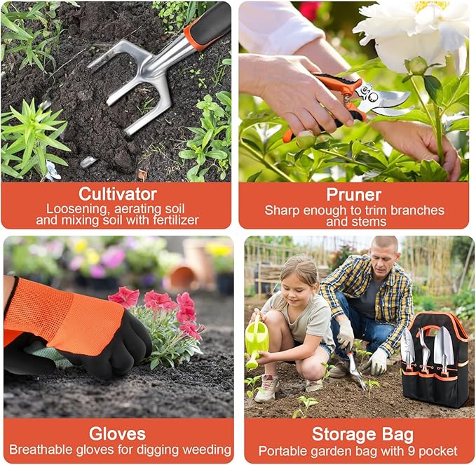 Garden Tools Set, 8 Piece Gardening Tools Set with Non Slip Ergonomic Handle, Heavy Duty Garden Tool Set with Storage Bag, Gardening Kit for Women, Garden Hand Tools Gift for Women and Men, Orange