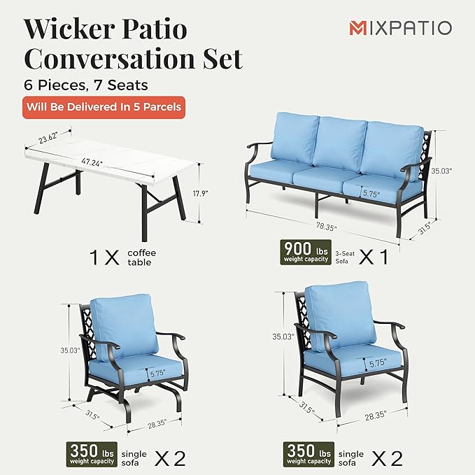 Patio Furniture Set 6 pcs, Outdoor Patio Furniture, 1 X 3-Seat Sofa, 2 X Single Chairs, 2 X Rocker Chairs, 1 X Coffee Table and 5.75" Extra Thick Cushion, Patio Conversation Set,Blue