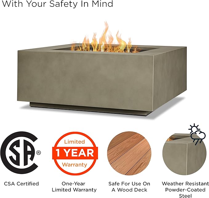 Real Flame Aegean 36”in Square Propane or Natural Gas Fire Pit Table, 50,000 BTU, Powder-Coated Steel, Push-Button Ignition, CSA Certified, Lava Rock, Storage Cover, Stainless Steel Burner with Lid