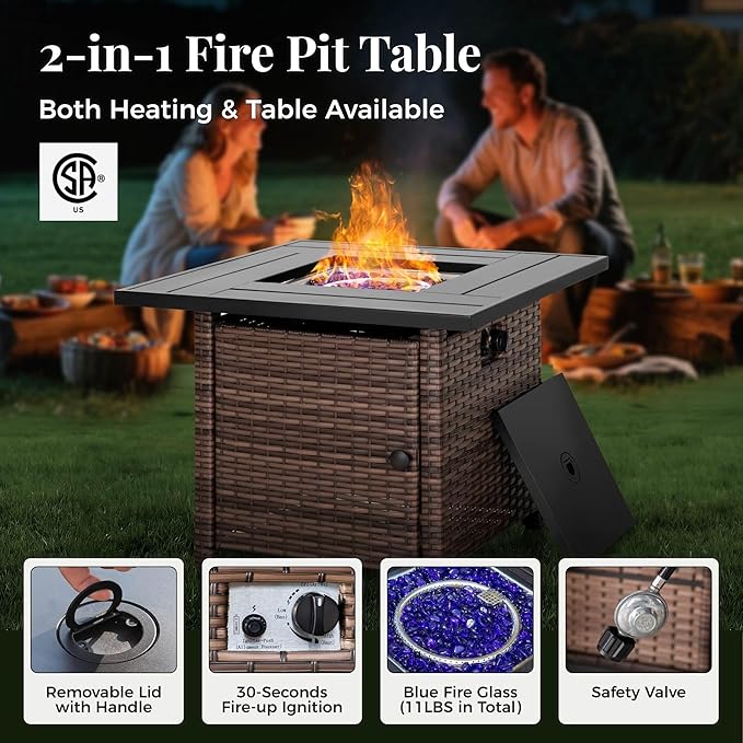 Patio Furniture Set, 8 Pcs Wicker Rattan Outdoor Conversation Set, 4 x Leg Chairs, 1 x 3 Seater Sofa and 2 x Ottomans with 4" Thick Cushion and 32" Fire Pit Table, Beige