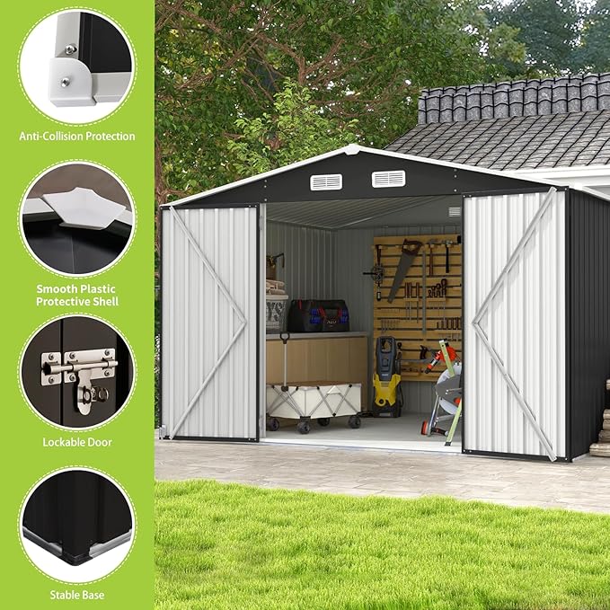 Aoxun 10 x 8FT Outdoor Storage Shed with Double Hinged Large Door Utility Garden Shed with Lockable Door & Sloped Roof Metal Sheds Outdoor Storage for Garden, Backyard, Patio and Backyard, Black