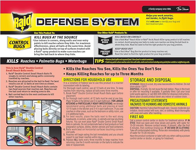 Raid Double Control Small Roach Baits, Child Resistant, For Indoor Use, Kills Roaches for 3 Months, 12 Count