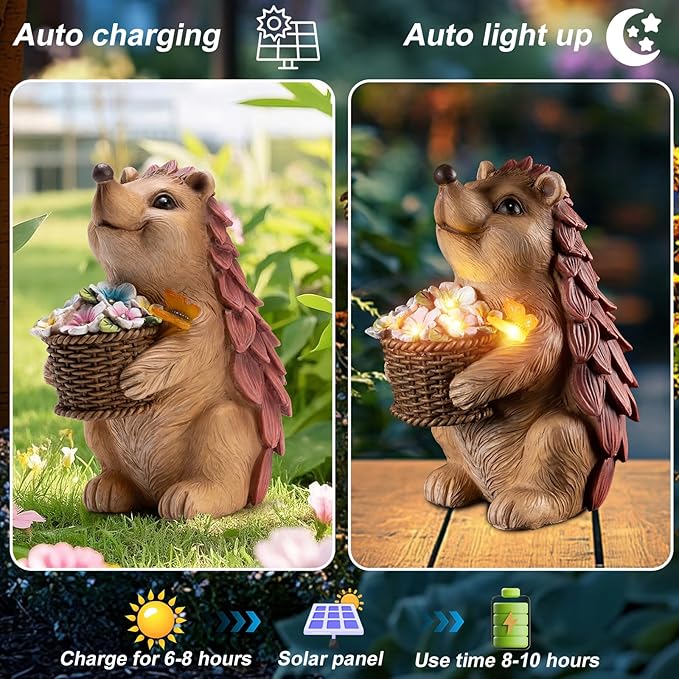 Solar Hedgehog Garden Statue with Flower Basket – Outdoor Decorative Resin Figurine with Solar Light for Lawn, Yard & Patio Decor