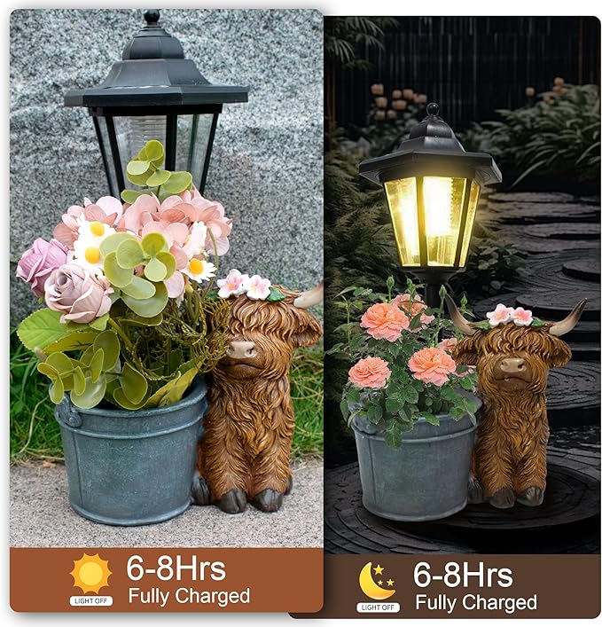 Highland Cow Statues Outdoor Solar Sculptures with Solar Lights and Flowerpot Funny Garden Decor Animal Figurines Resin Outdoor Statues for Patio Yard Lawn Balcony Grandma Mom Gifts