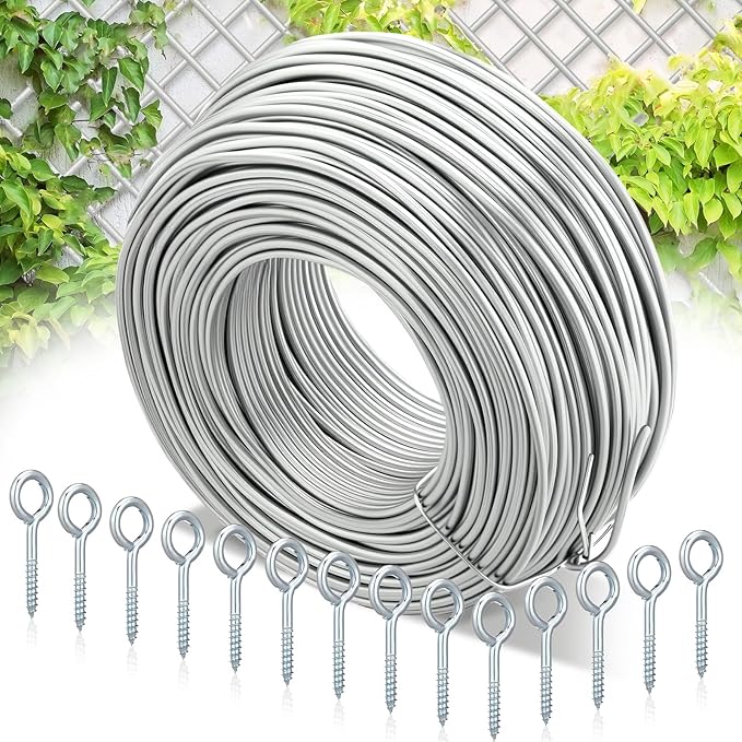 Blulu 200 ft Wire Trellis Kit 16 Gauge Galvanized Coated Steel Garden Wire Trellis with 20 Vine Eye Screws for Outdoor Wall Fence Grape Climbing Plants