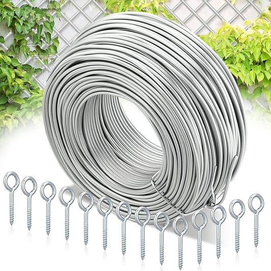 Blulu 200 ft Wire Trellis Kit 16 Gauge Galvanized Coated Steel Garden Wire Trellis with 20 Vine Eye Screws for Outdoor Wall Fence Grape Climbing Plants