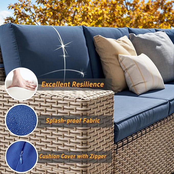 7 Pieces Patio Furniture Set with Fire Pit Table, Outdoor Sectional Wicker Sofa with Thickened Cushions and Coffee Table, High Back Rattan Patio Conversation Sets, Navy