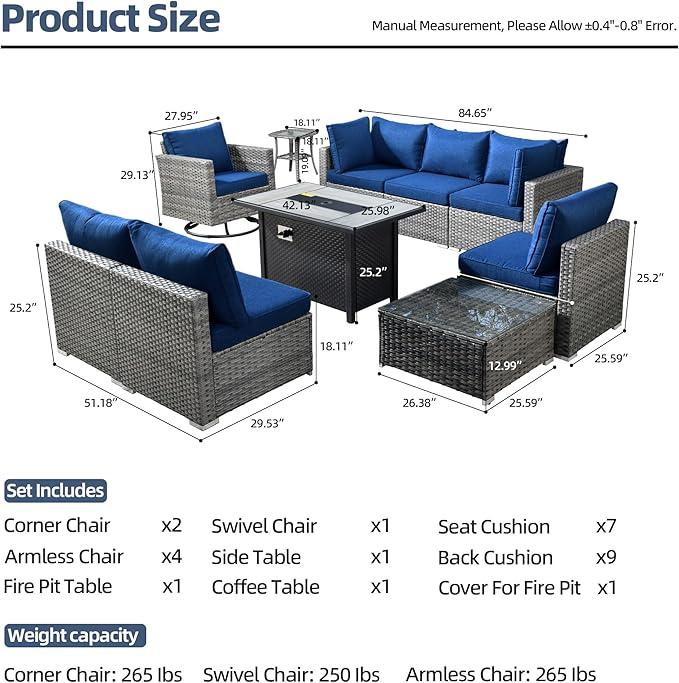 HOOOWOOO 10 Piece Patio Sectional Furniture Set with Fire Pit Table,Modern Wicker Outdoor Conversation Sofa Sets,Weather Resistant Modular L Shaped Outside Couch Swivel Chair Set(Navy Blue)