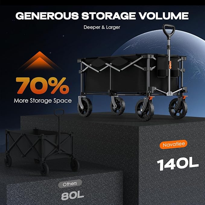 Navatiee 140L Collapsible Foldable Wagon with Wheels, Large Capacity Foldding Wagon Cart with Side Pocket and Brakes, Grocery Shopping Cart for Garden Outdoor Use, Black