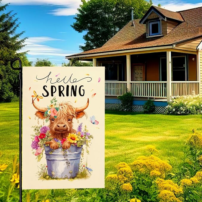 Hello Spring Garden Flag Highland Cow Polyester Yard Flag Double Sided Vertical 12x18 Inch Farmhouse Butterfly Floral Garden Flags Rustic Daisy House Banner for Seasonal Outdoor Decoration