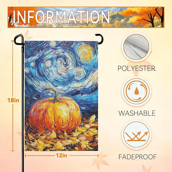 Fall Pumpkin Garden Flag Autumn Golden Leaf Yard Flags Van Gogh Oil Painting House Banner Art Starry Night Sky Moon Thanksgiving Harvest Garden Flags for Outside Porch Lawn Decor 12 x 18 Inch