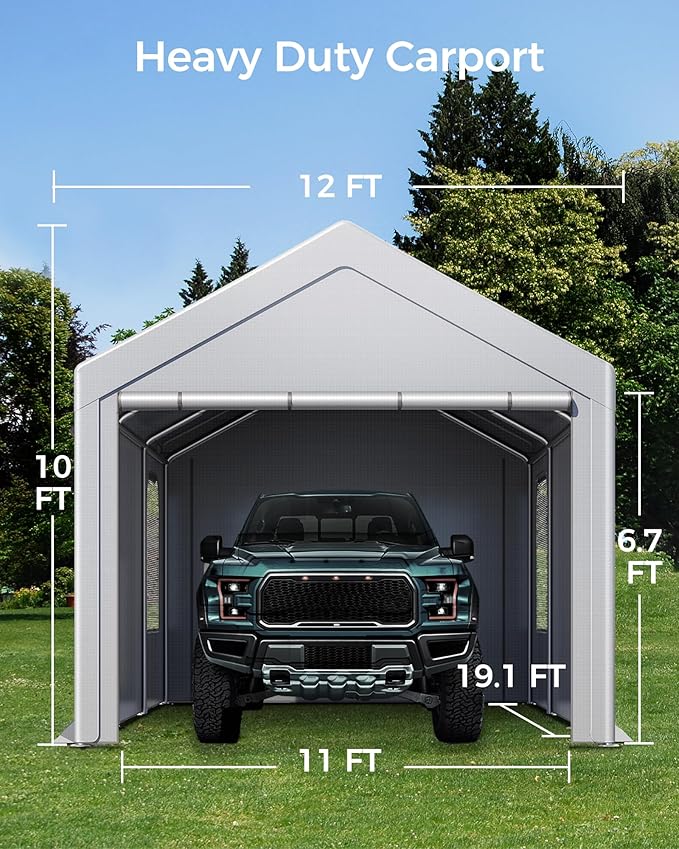 Carport, 12 x 20 FT Portable Garage Heavy Duty, Carport Canopy with Side-Opening Door & Roll-Up Windows, Car Canopy Reinforced with Extended Skirt and All Season Tarp for Car, Truck, Boat（Light Gray）