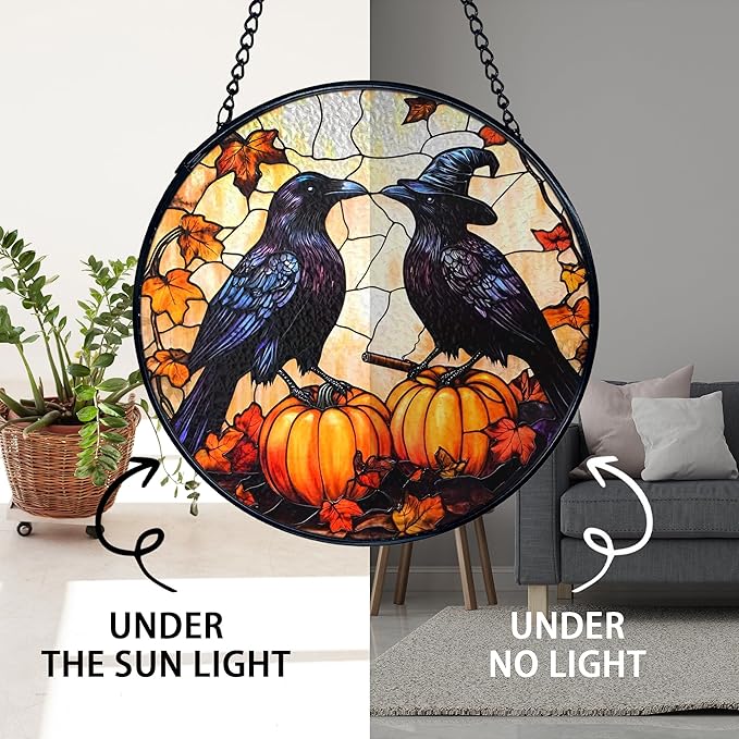 TNUW Halloween Fall Black Raven Stained Glass Window Hanging, Gothic Witchy Crow Pumpkin Sun Catchers Indoor Window Glass Round Wall Art Decor, Halloween Fall Wall Hanging Decorations, 7.9＂x7.9＂