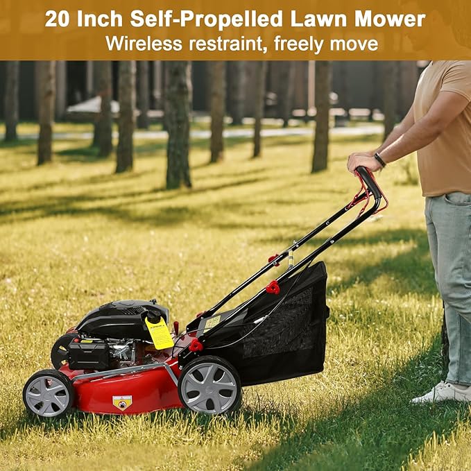 20-Inch Self Propelled Gas Lawn Mower with 141CC 4-Cycle Engine | 7-Position Height Adjustment (9.85-29.55 inches) Push Lawn Mower with 50L Grass Tank, Big Wheels ﻿ Red