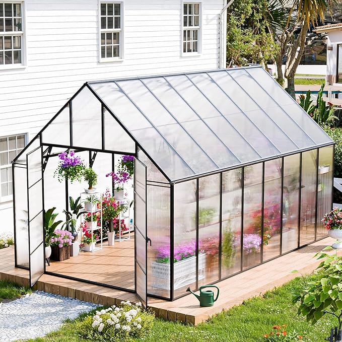 Greenhouse, 10x16 FT Easy Assembly Hybrid Polycarbonate Greenhouses for Outdoors w/3 Vent Windows & Swing Door Walk-in Green Houses Aluminum GreenHouses for Garden, Black
