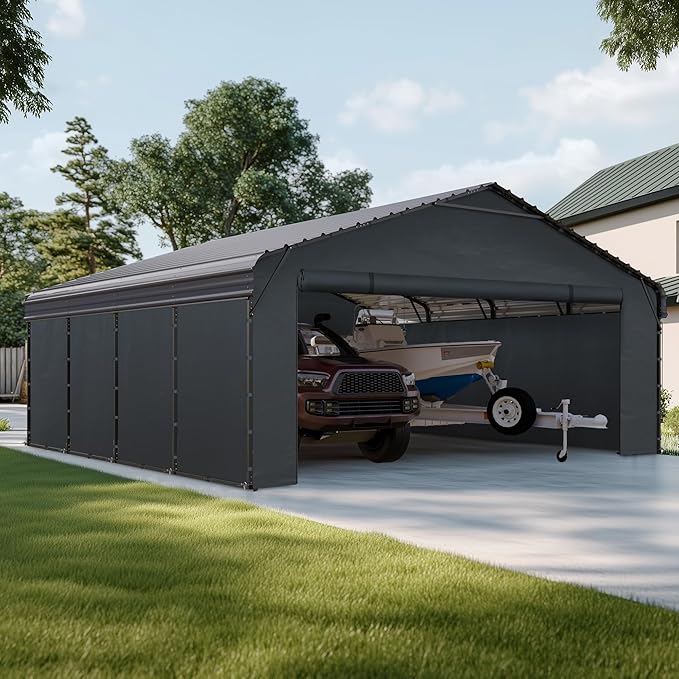 MFSTUDIO Carport 20x20 ft, Outdoor Heavy Duty Carports with Sidewalls, Metal Shed Canopy Shelters Garage Shelter Shade Car Ports with Galvanized Roof for 2 Cars, Truck and Boats