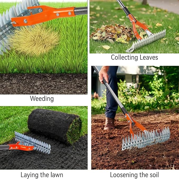 Thatch Rake, 15-Inch Steel Lawn Dethatcher with Handle, Robust Dethatcher Rake, Heavy Duty Grass Cleaning Tool for Dead Grass and Soil Loosening, Yard Garden Durable Soil RAK e