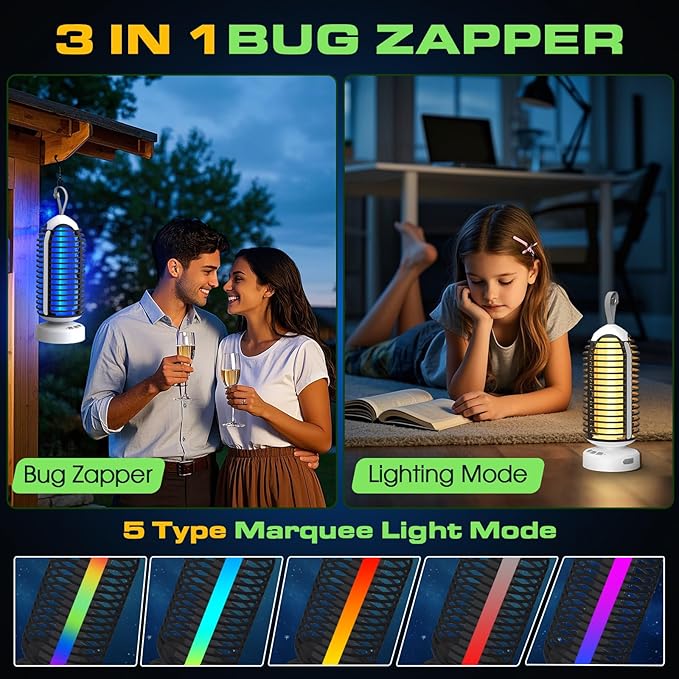 Bug Zapper Outdoor Indoor, Cordless Mosquito Zapper with LED Lights and Marquee Lights, Rechargeable Fly Zapper Outdoor Waterproof for Camping, Patio, Backyard, Garden, Home