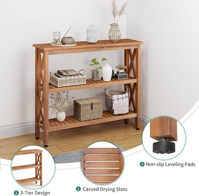 YITAHOME Solid Wood Outdoor Console Table, 39'' Acacia Wood Outdoor Bar Table with 3-Tier Storage Shelf, X-Frame Design and Adjustable Foot Pads for Garden Patio Balcony and Indoor, Natural