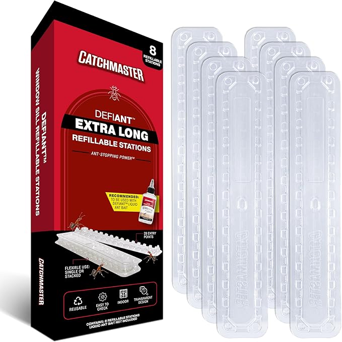 Catchmaster DEFIANT Extra Long Reusable Ant Traps Indoor (8 Pack) For Narrow Spaces – Liquid Ant Killer - Bait NOT Included - Stackable, Translucent Design – 28 Entry Points For Maximum Access