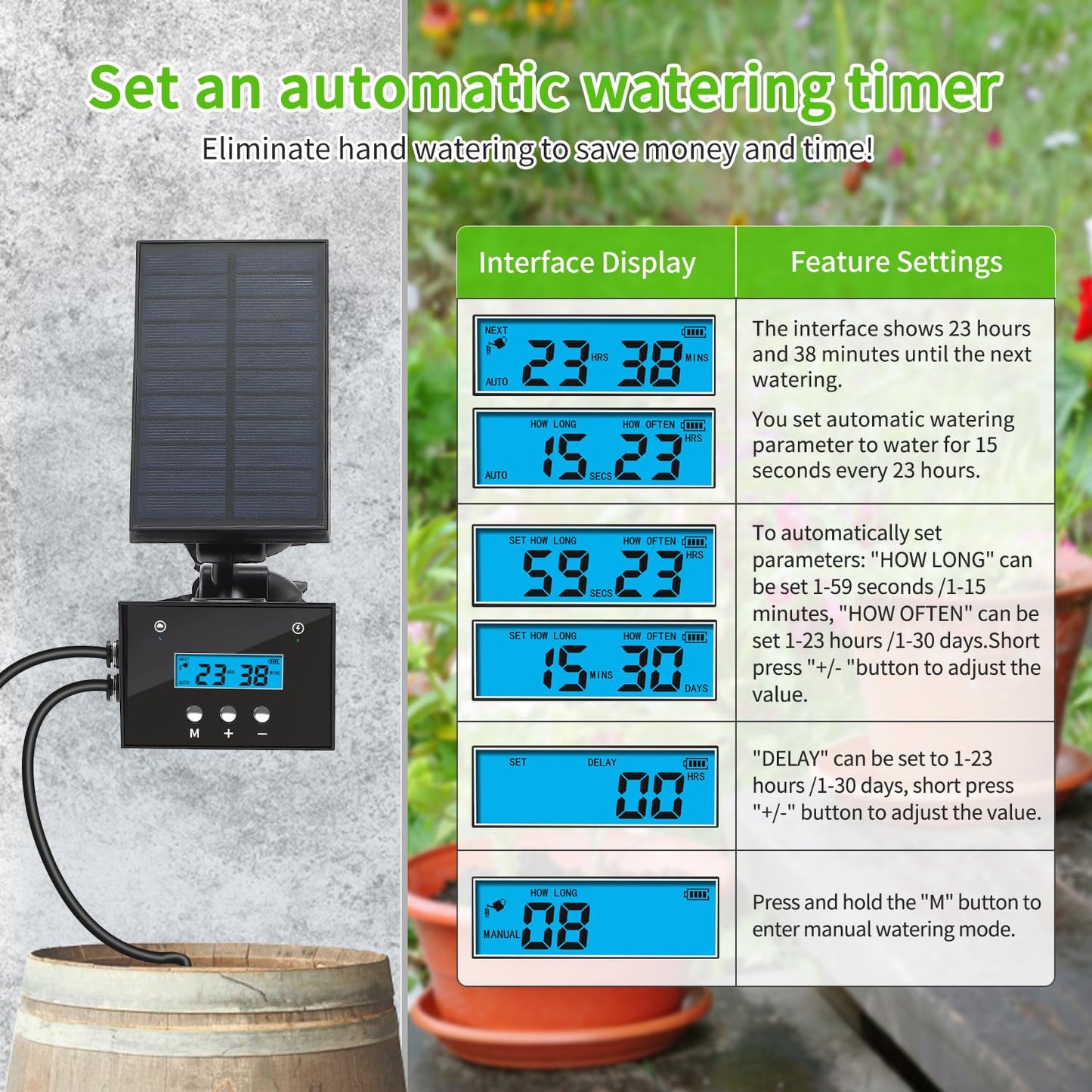 Solar drip Irrigation System, Solar Automatic palnt Waterer for Outdoor Garden, Irrigation System for Vacation,Drip Irrigation Kit with 2200mAh Battery&Rain Sensing &LCD Screen