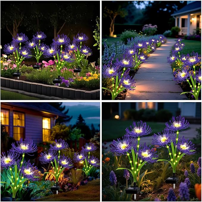 Solar Outdoor Lights Purple Spider Lily – 4 Pack 12-Head Waterproof Garden Flower Lights with Glowing Stems,Decorative Solar Powered Yard,Patio & Lawn Decor, Gardening Gifts for Women Grandma