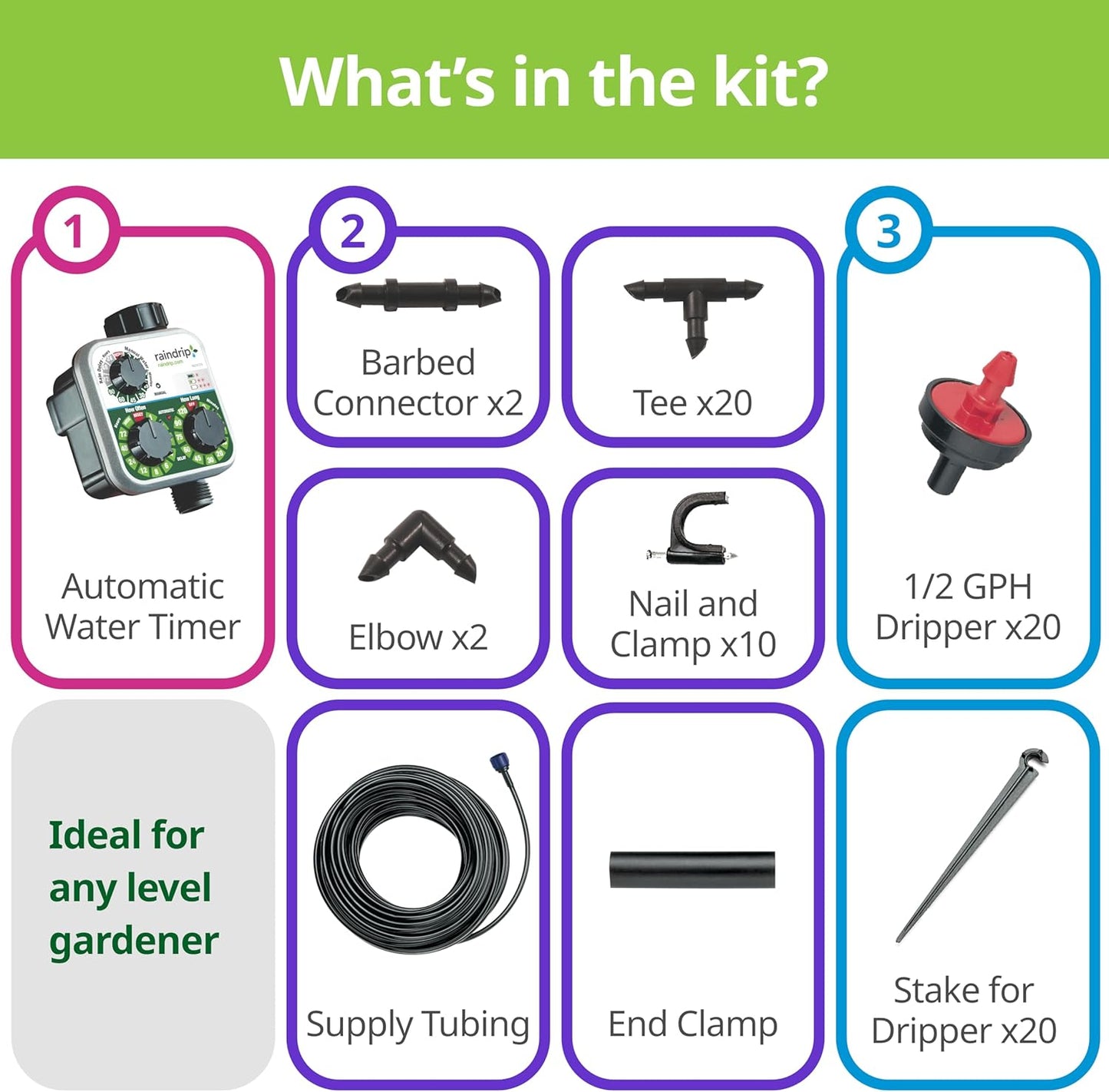 Raindrip R560DP Automatic Drip Irrigation Watering Kit with Customizable Timer for Containers and Hanging Baskets, Waters up to 20 Plants, Includes 20 PC Drippers, Black