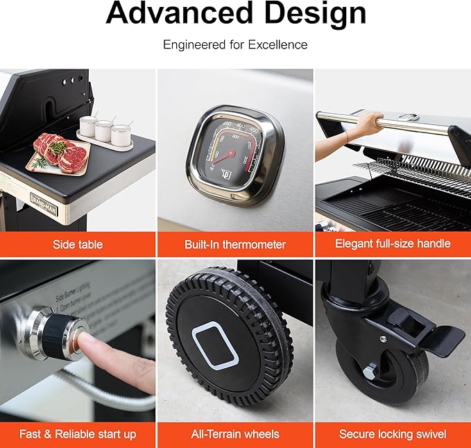 Brand-Man 4 Burner Propane Grill with Infrared Sear Side Burner 8500 BTU, Cabinet Style Gas BBQ Grill with Side Table for Barbecue Grilling & Backyard Cooking