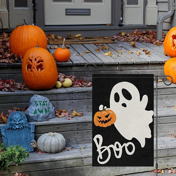 Halloween Ghost Garden Flag 12x18 Inch Double Sided Outside, Spooky Boo Garden Flag Welcome Holiday Yard Outdoor Decoration